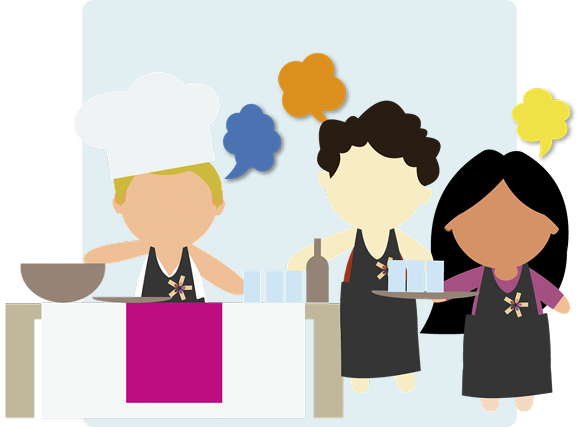icona con illustrazione che rappresenta un gruppo catering: cuochi e camerieri